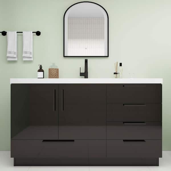 Carla 59 in. W x 20 in. D x 35 in. H Single Sink Freestanding Bath Vanity in Gloss Black with White Acrylic Top