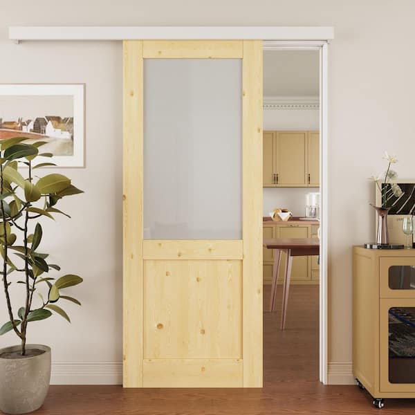 ARK DESIGN 32 in. x 80 in. Hidden Track Style 1/2-Lite Frosted Glass Unfinished Glass Sliding Barn Door with Hardware Kit