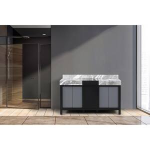 Zilara 60 in x 22 in D Black and Grey Double Bath Vanity and Castle Grey Marble Top