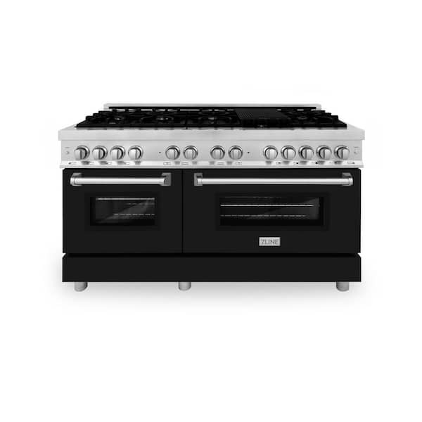 ZLINE Kitchen and Bath 60 in. 9 Burner Double Oven Dual Fuel Range with Black Matte Door in Stainless Steel