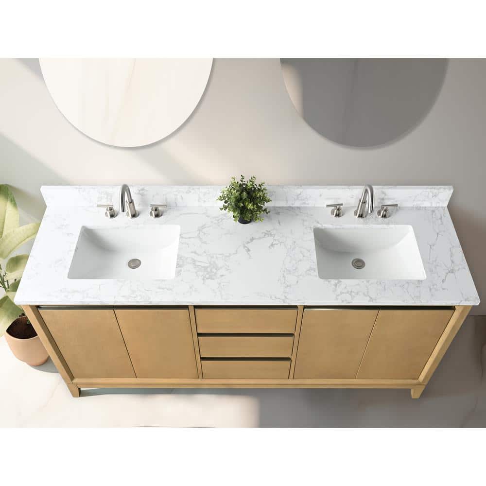 72" Natural Oak Double Sink Bathroom Vanity with Marble Top