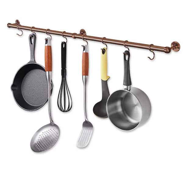 39.4 in. Antique Copper Stainless Steel Wall Mounted Hanging Pot Rack with Hooks for Kitchen Utensil Cookware