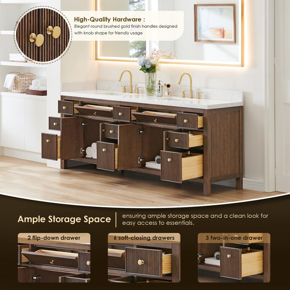 Cerrito 84" Brown Oak Double Vanity with White Stone Top