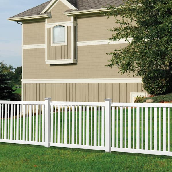 Pro Series 4 in. x 4 in. x 8 ft. White Vinyl Lafayette Spaced Picket Routed End Fence Post Pro Series 4 in. x 4 in. x 8 ft. White Vinyl Lafayette Spaced Picket Routed End Fence Post