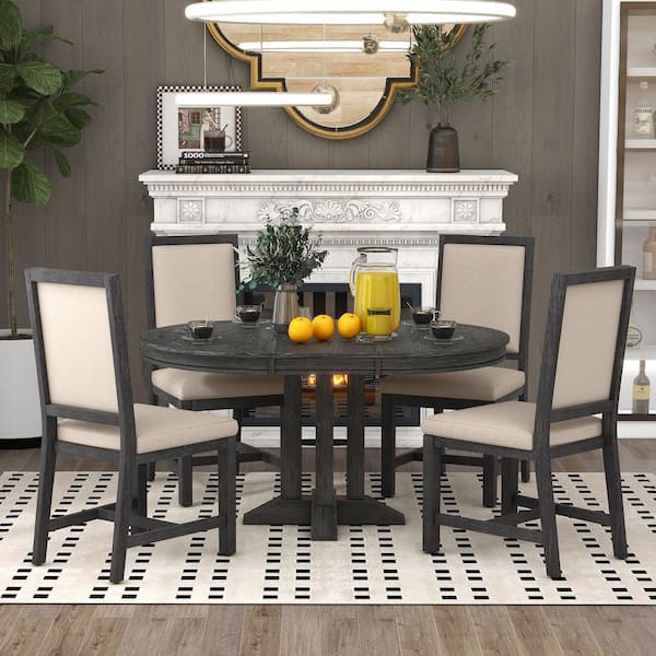 Polibi 5-Piece Farmhouse Black Extendable Wood Top Dining Room Set Seats 4