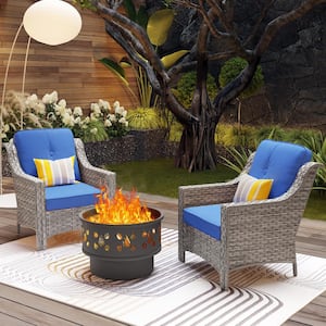 Eureka Gray 3-Piece Wicker Outdoor Patio Conversation Chair Set with a Wood-Burning Fire Pit and Navy Blue Cushions