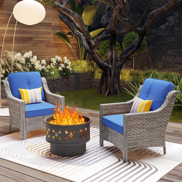 Toject Eureka Gray 3-Piece Wicker Outdoor Patio Conversation Chair Set with a Wood-Burning Fire Pit and Navy Blue Cushions