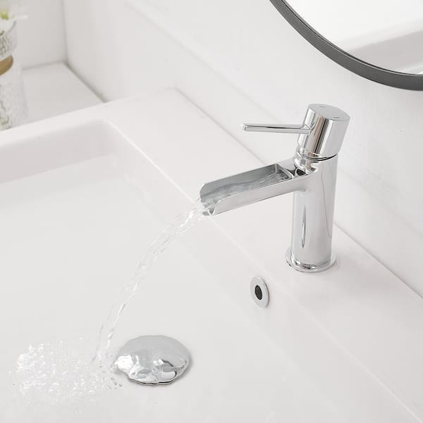 Single Handle Waterfall Single Hole Bathroom Faucet in Polished Chrome with Pop-Up Drain