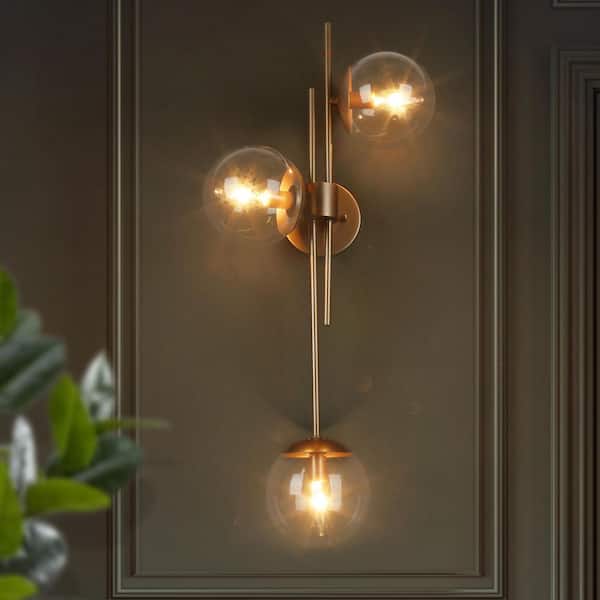 30 in. 3-Light Painted Gold Modern Bathroom Vanity Light Decorative Linear Foyer Wall Sconce with Clear Glass Globes