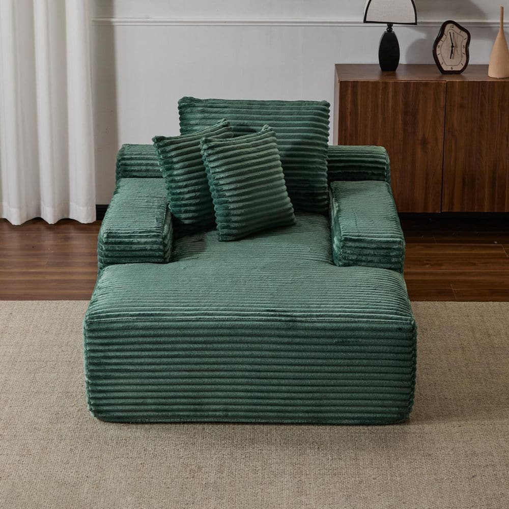Green Corduroy Fully Compressed Chaise Lounge Chair with 3 Throw Pillows and Wide Armrest price drop on PriceWatchPro
