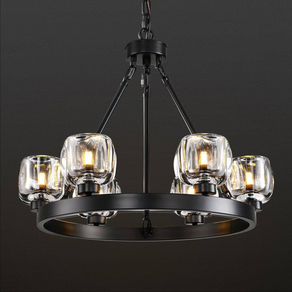 24 in. 6-Light Black Wagon Wheel Chandelier with Glass Shade, Round Farmhouse Chandelier for Dining Room, Living Room price history on PriceWatchPro