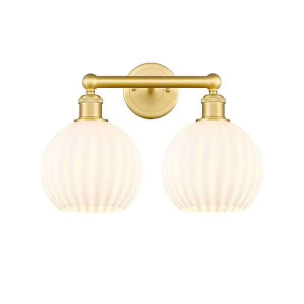 White Venetian 17 in. 2-Light Satin Gold Vanity Light with Glass Shade