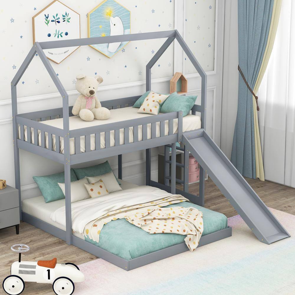 Reviews for GOSALMON Gray Twin over Full House Bunk Bed with Slide and ...