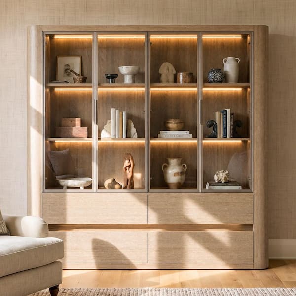 78 in. Tall Natural Wood 6-Shelf Standard Bookcase with Glass Doors, LED Lighting, 4-Drawers for Living Room Storage