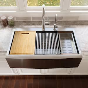 36 in. Rectangular Single Bowl Farmhouse Apron Workstation Kitchen Sink in Silver Grey Stainless Steel with Accessories