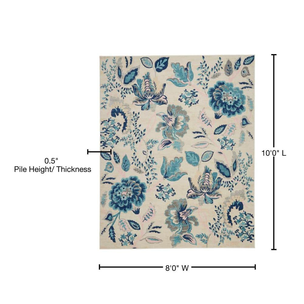 Elegant Ivory and Light Blue Floral 8' x 10' Synthetic Area Rug