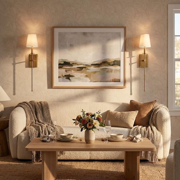 Monroe 6.7 in. W x 33.5 in. H 1-Light Warm Brass Wall Sconce with White Fabric Shade