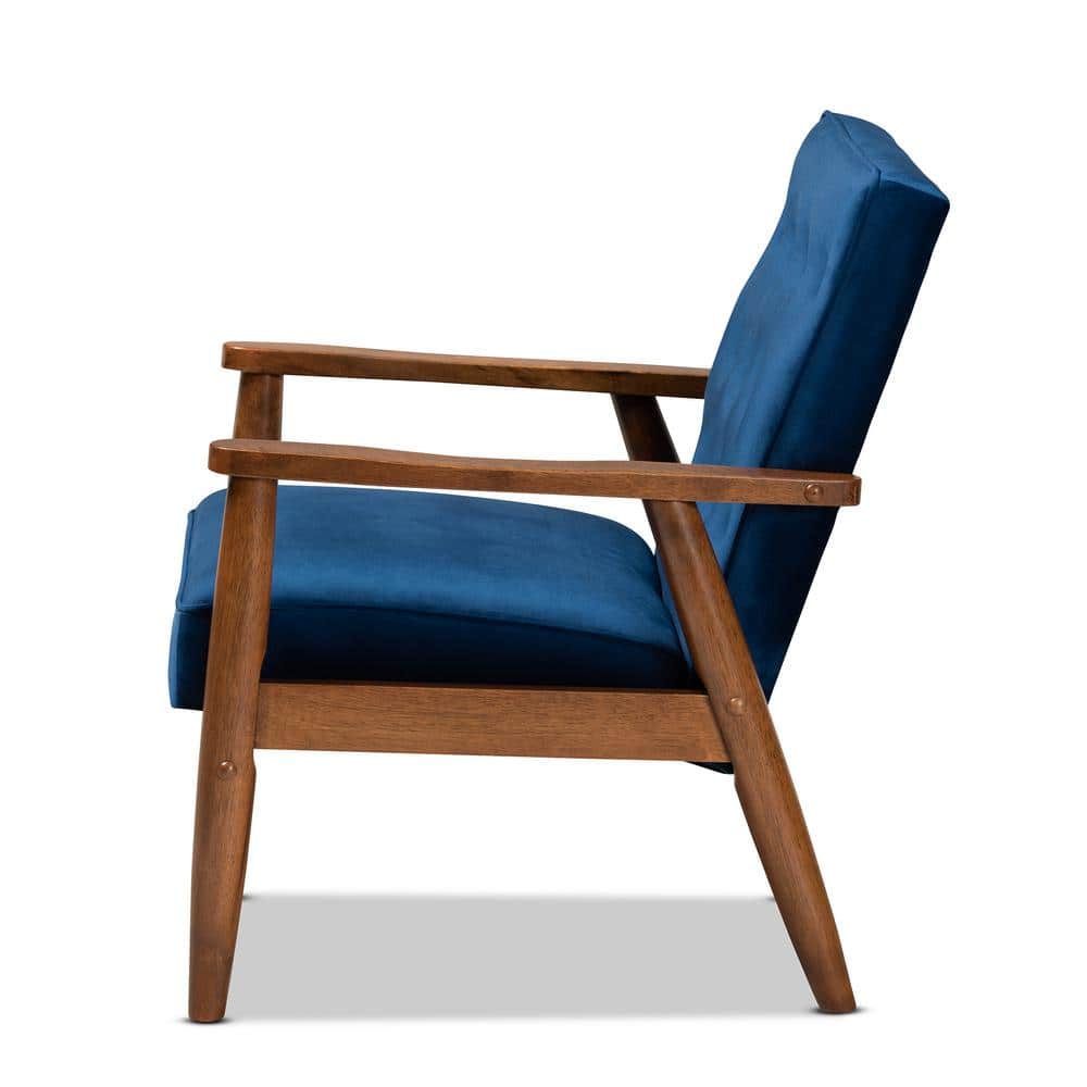Navy Blue Velvet and Walnut Wooden Accent Chair