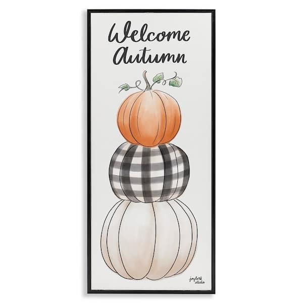 Stupell Industries Welcome Autumn Seasonal Tartan Pumpkin Patterns by Jess Baskin Black Framed Graphic Typography Art Print 30 in. x 13 in.