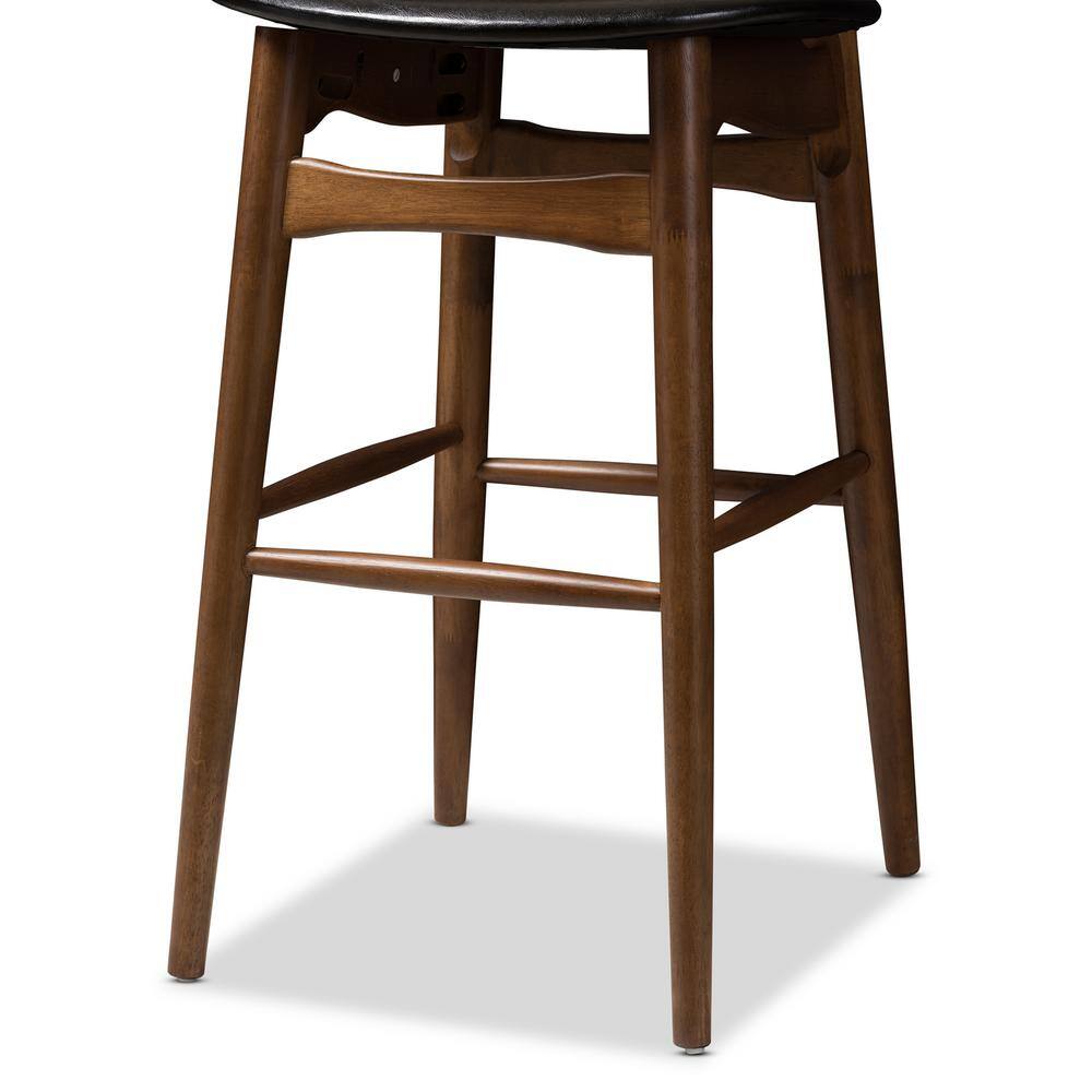 Set of 2 Walnut & Black Leather Mid-Century Barstools