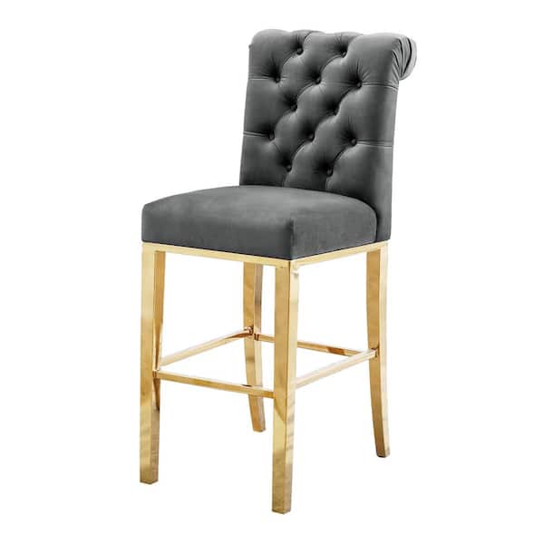 Best Quality Furniture April 24 in. H Dark Gray Velvet Upholstered Full Back Counter Height with Gold Stainless Steel Legs (Set of 2)