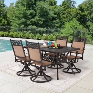 Classic Dark Brown 5-Piece Cast Aluminum Rectangle Outdoor Dining Set with Table and Swivel Dining Chairs