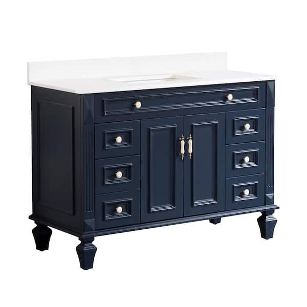48 in Single Sink Freestanding Solid Wood Bath Vanity in Navy Blue with White Quartz Top, Soft-Close, Full Assembled
