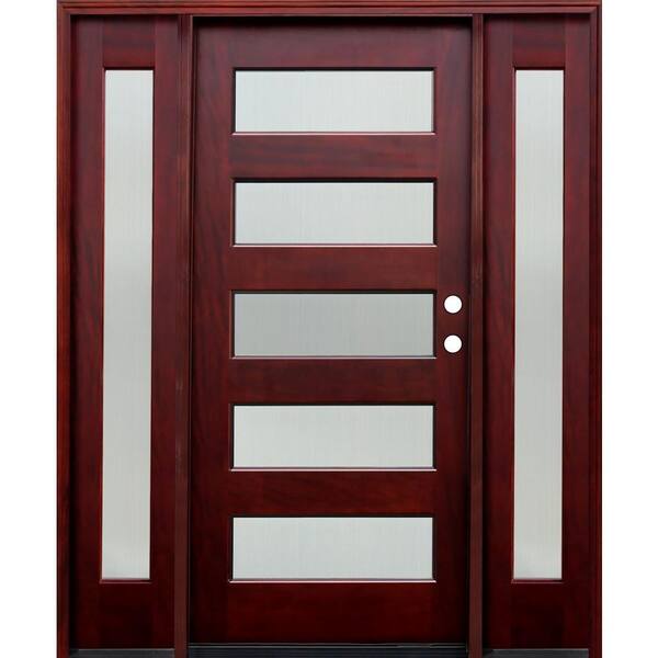 Pacific Entries 66 in. x 80 in. Contemporary 5 Lite Reed Stained Mahogany Wood Prehung Front Door w/6 in. Wall Series & 12 in. Sidelites