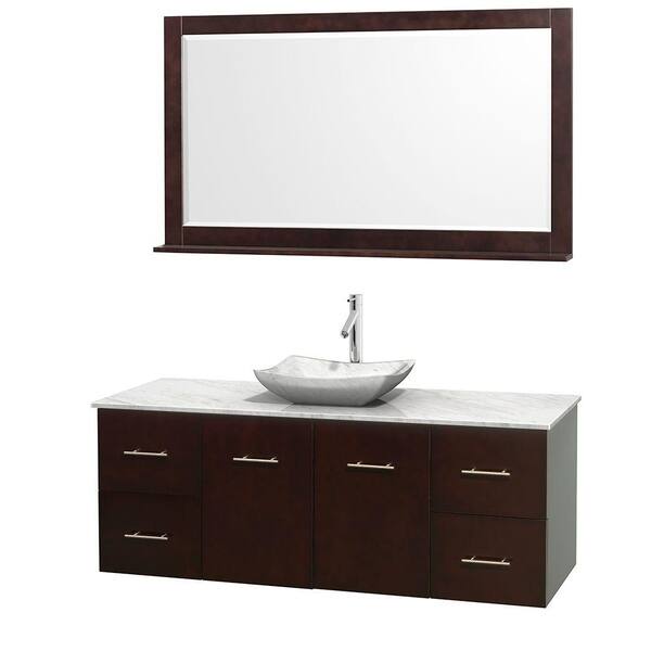 Wyndham Collection Centra 60 in. Vanity in Espresso with Marble Vanity Top in Carrara White, Marble Sink and 58 in. Mirror