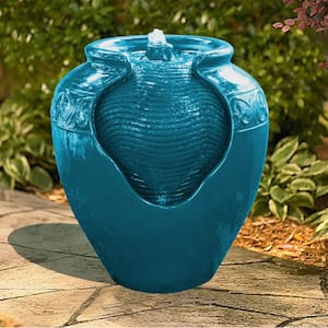 16.93 in. Teal Outdoor Glazed Urn Pot Floor Water Fountain with LED light