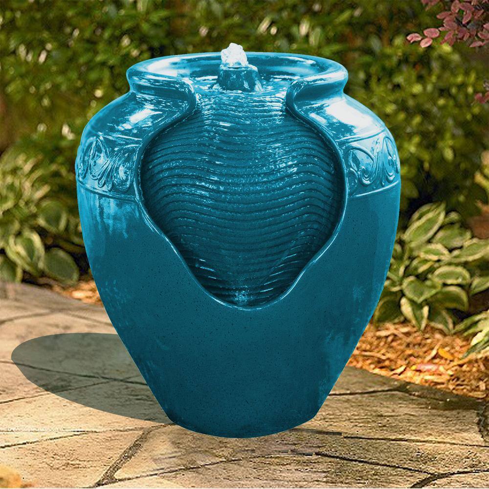 Teal Glazed Polyresin Pot Water Fountain with LED Light
