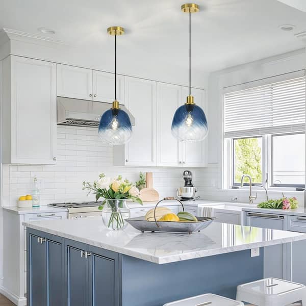 Rayhome 9.45 in. 1-Light Coastal Modern Bell Gradient Navy Blue Hand-Blown Swirled Glass Pendant Light for KitchenIsland