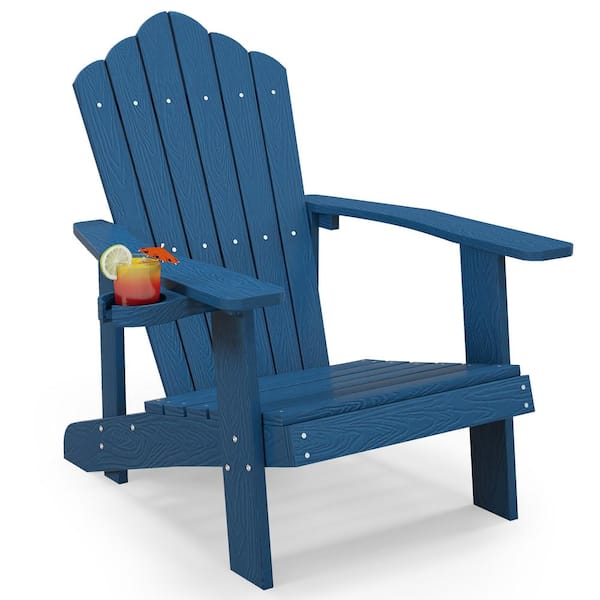 Gymax Patio HIPS Navy Outdoor Weather Resistant Slatted Chair Adirondack Chair with Cup Holder
