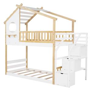 SSuper White/Natural Wood Twin-Over-Twin Bunk Bed House Bed with Staircases
