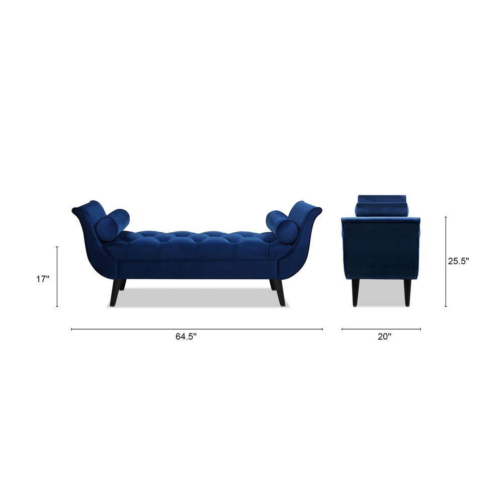 Navy Blue Velvet Mahogany Finish Mid-Century Bedroom Bench