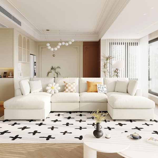 Convertible 128.2 in. Chenille Upholstered U-Shape Sectional Sofa in Beige with 2-Ottomans