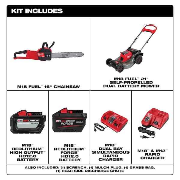 M18 FUEL Brushless Cordless 21 in. Dual Battery Self-Propelled Lawn Mower w/ 16" Chainsaw, (3) 12Ah Batteries