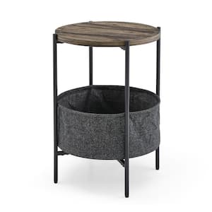 18 in. Brown Modern Round Wood End Table with Grey Cloth Bag Storage Basket