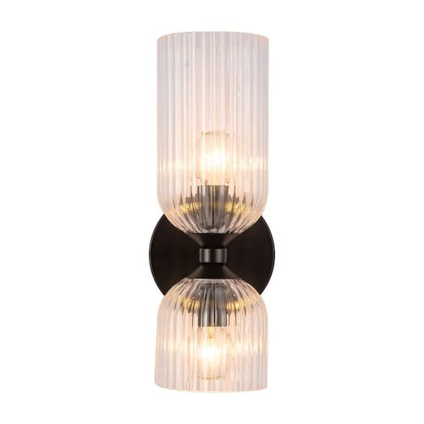ALORA MOOD Nelly 12 in. 2-Light 40-Watt Matte Black/Clear Ribbed Glass Vanity Light