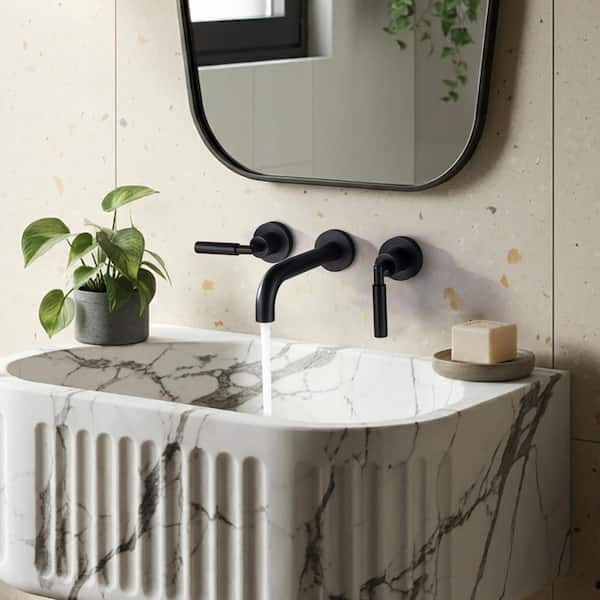 Double Handle Wall Mounted Bathroom Sink Faucet With Pop-up Drain Assembly in Matte Black