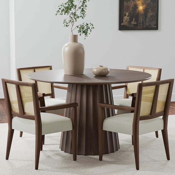 5-Pieces Round Walnut Wooden Top Dining Table Set 4-Seats with Wood Frame, Rattan Back Beige Fabric Cushion Arm Chair