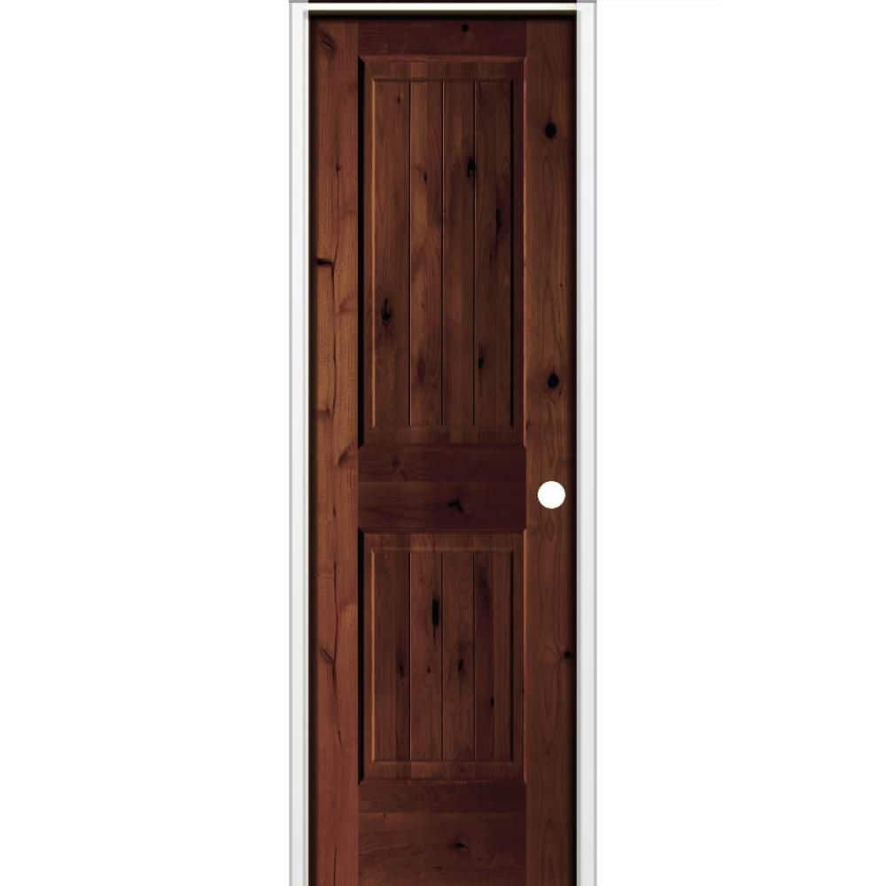 28 in. x 96 in. Knotty Alder 2-Panel V-Groove Solid Wood Left-Hand BEHR Red Mahogany Stain Single Prehung Interior Door price history on PriceWatchPro