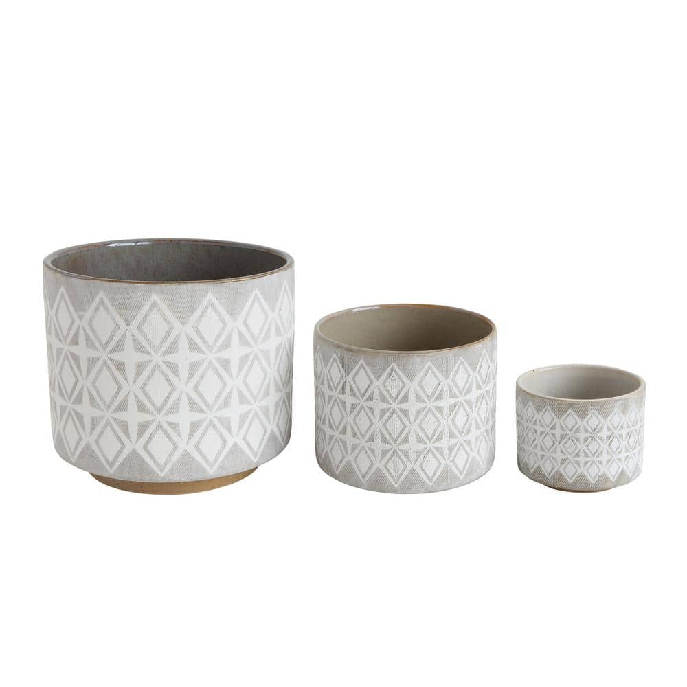 UPC 191009058793 product image for White and Gray Stone Various Round Decorative Pots with Geometric Patterns (3-Se | upcitemdb.com