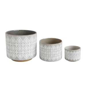 White and Gray Stone Various Round Decorative Pots with Geometric Patterns (3-Set)