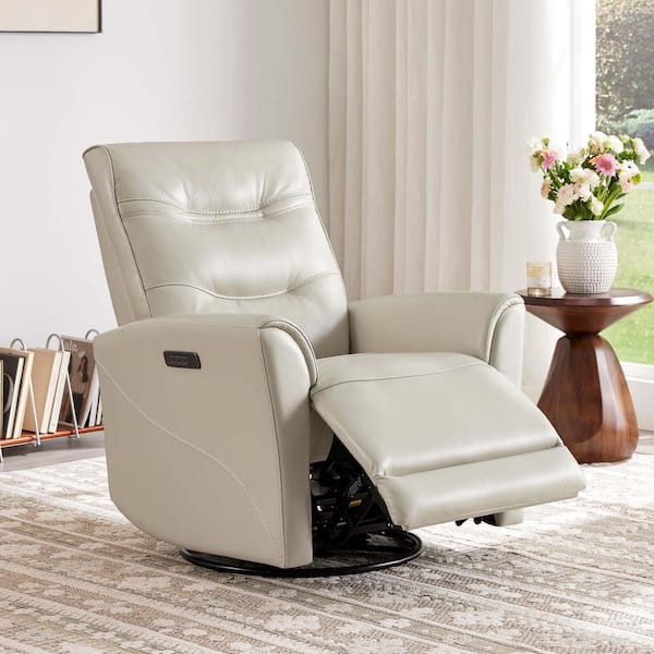 Dylan Gray Leather Triple Motor 270° Swivel Glider Recliner with Adjustable Headrest and Lumbar, USB and Type-C Charging