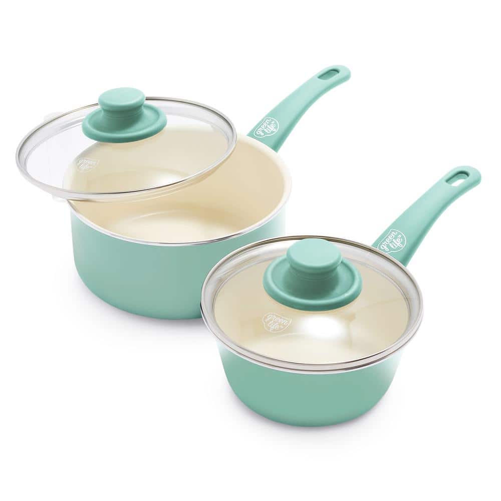 Turquoise Aluminum Nonstick Saucepan Set with Glass Lids, 1 Qt & 2 Qt