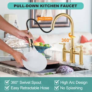 Double Handle Pull Out Sprayer Kitchen 3 Hole Included Supply Lines in Brushed Gold