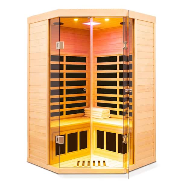 Deluxe 2-Person Hemlock Corner Far Infrared Sauna with Panoramic Glass Front, 7 Heating Panels, LED & Bluetooth Control