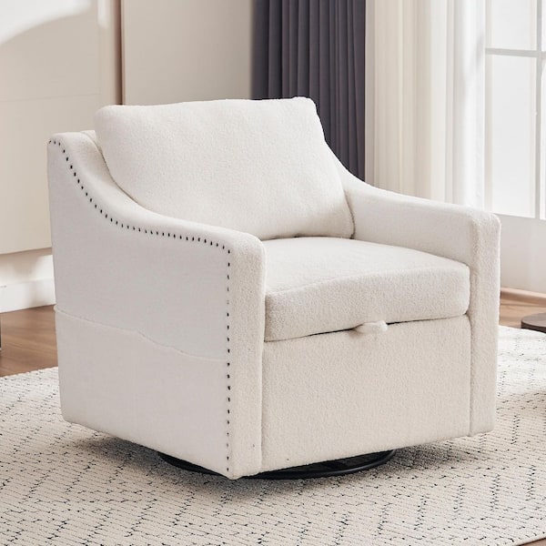 Lennox Ivory Modern Teddy Fabric Upholstered Armchair 360° Swivel Accent Chair with Nailhead Trim, Pillow