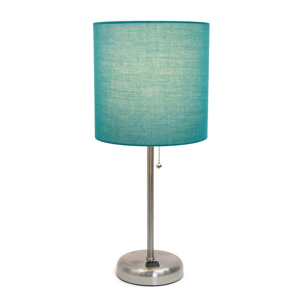19.5" Brushed Steel and Teal Fabric Table Lamp with Power Outlet